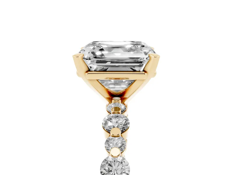 Asscher Cut Diamond Prong Set Engagement Ring Set in Yellow gold with Round Accent Pavé Band