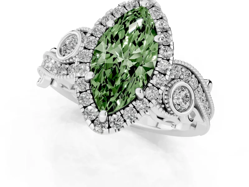 Marquise Vintage Halo Engagement Ring Setting for a Fancy Green Lab-Grown Diamond | Bezel Shoulder Accents | Platinum