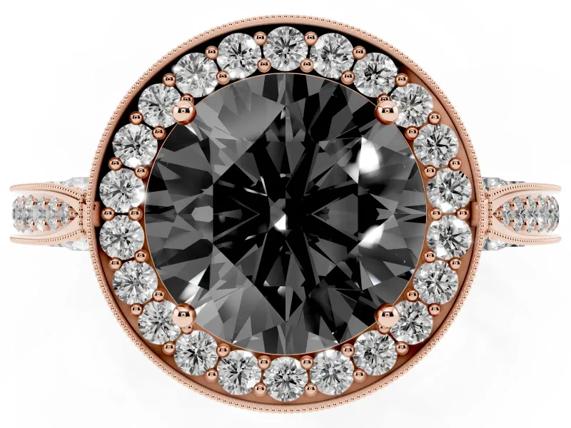 Round Milgrain Halo Engagement Ring Setting for a Black Center | Side Stones | Rose Gold