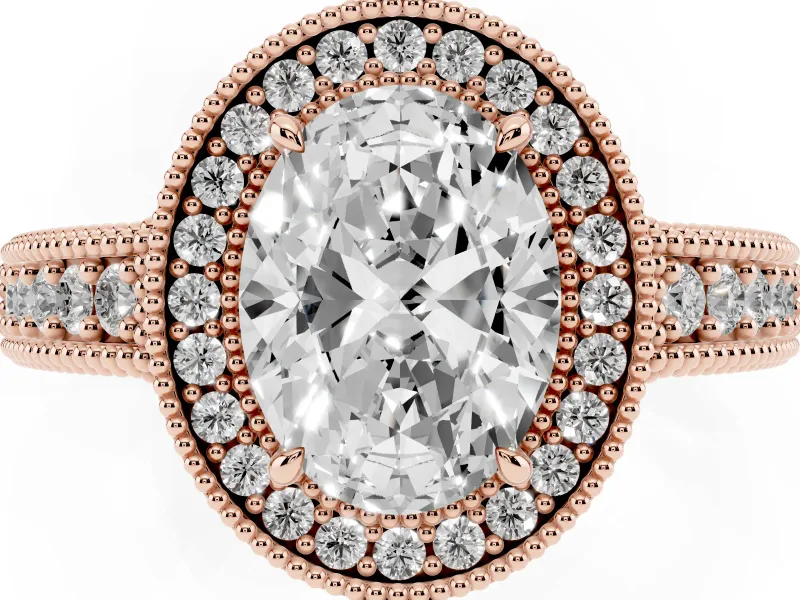 Oval Cut Diamond Halo Ring Set in Rose gold with Round Accent Halo, Pavé Band and Prong Setting
