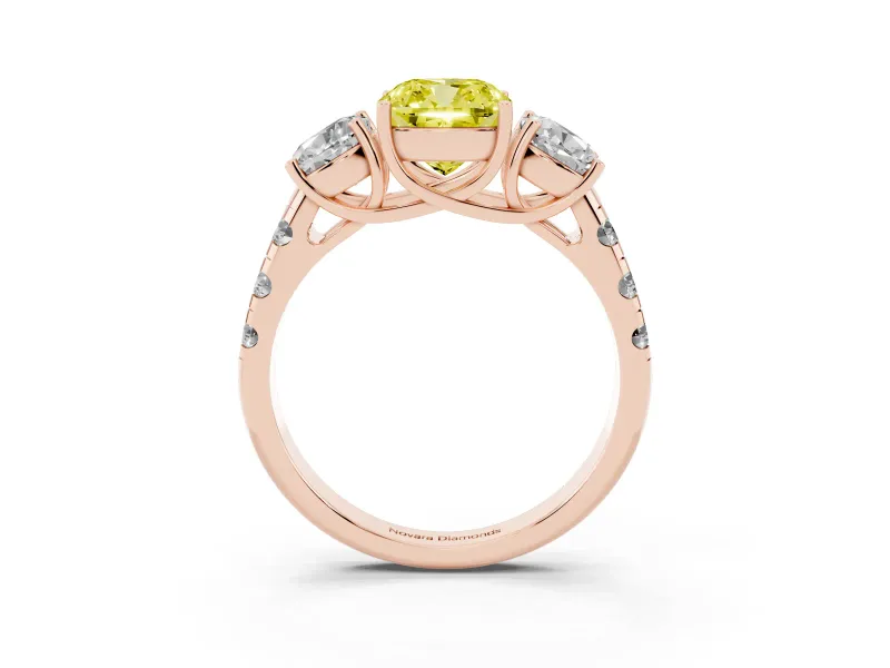 Fancy Yellow Cushion Cut Diamond Three-Stone Ring Set in Rose gold with Pavé Band