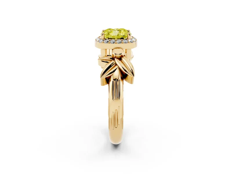 Cushion Cut Floral Halo Engagement Ring Setting for a Fancy Yellow Lab-Grown Diamond | Yellow Gold