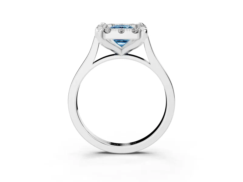 Emerald Cut Claw Corner Halo Engagement Ring Setting for a Fancy Blue Lab-Grown Diamond | Plain Band | Sterling Silver
