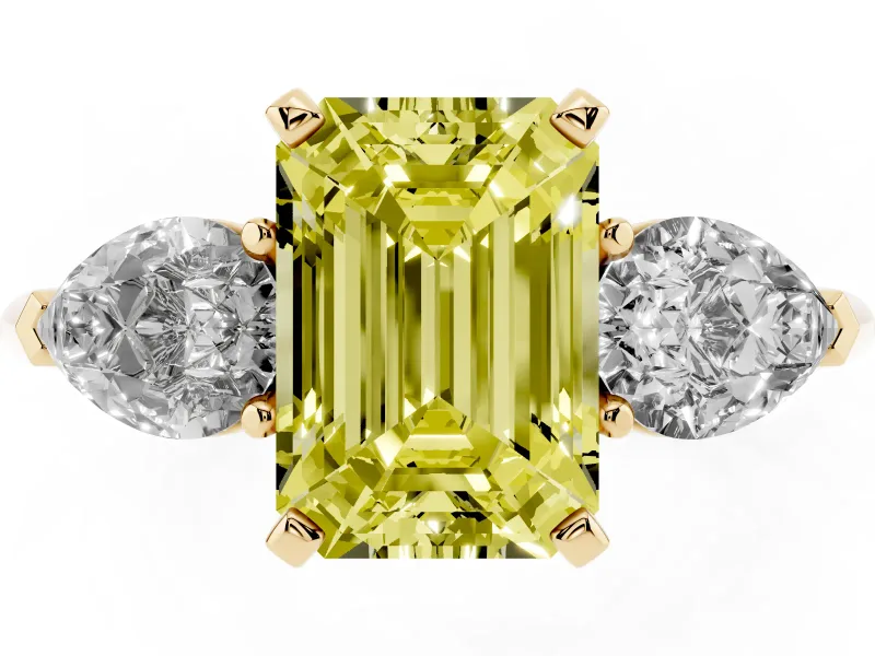 Fancy Yellow Three-Stone Emerald Cut Diamond Ring Set in Yellow gold with Pear Side Stones and Prong Setting