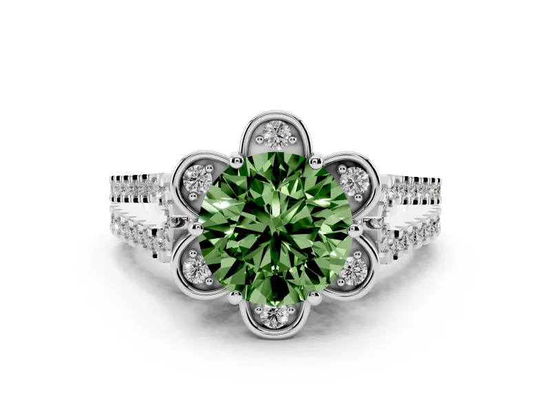 Fancy Green Round Cut Diamond Floral Halo Split Shank Engagement Ring Set in Platinum with Pavé Shank