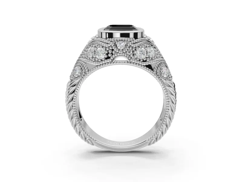 Asscher Cut Vintage Bezel Engagement Ring Setting for a Black Center | Milgrain Band | White Gold