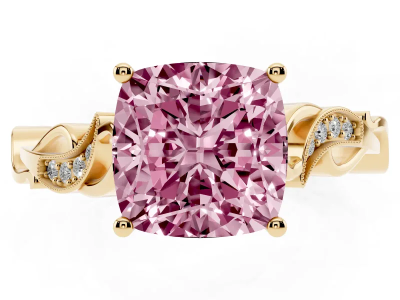 Cushion Cut Vine Engagement Ring Setting for a Fancy Pink Lab-Grown Diamond | Yellow Gold