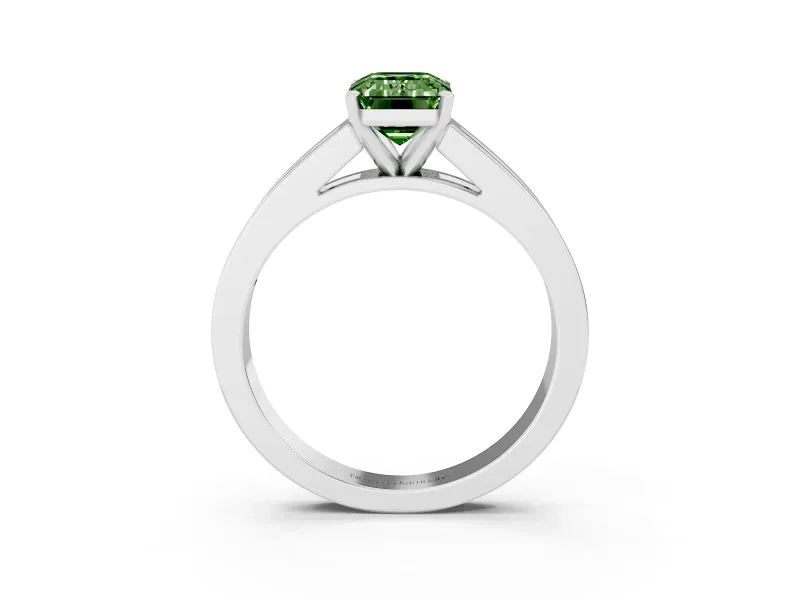 Fancy Green Emerald Cut Diamond Solitaire Ring Set in White gold with Channel-Set Band and Prong Setting