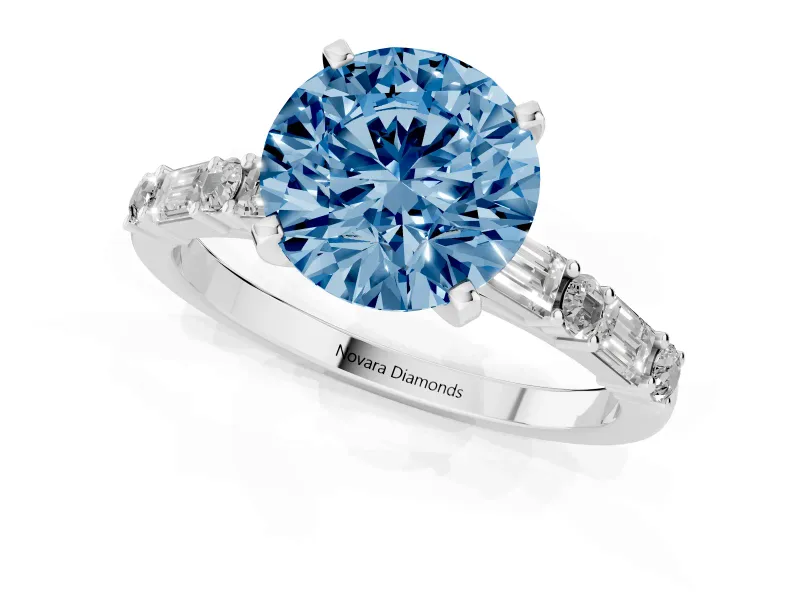 Round Baguette Side Stone Engagement Ring Setting for a Fancy Blue Lab-Grown Diamond | Platinum