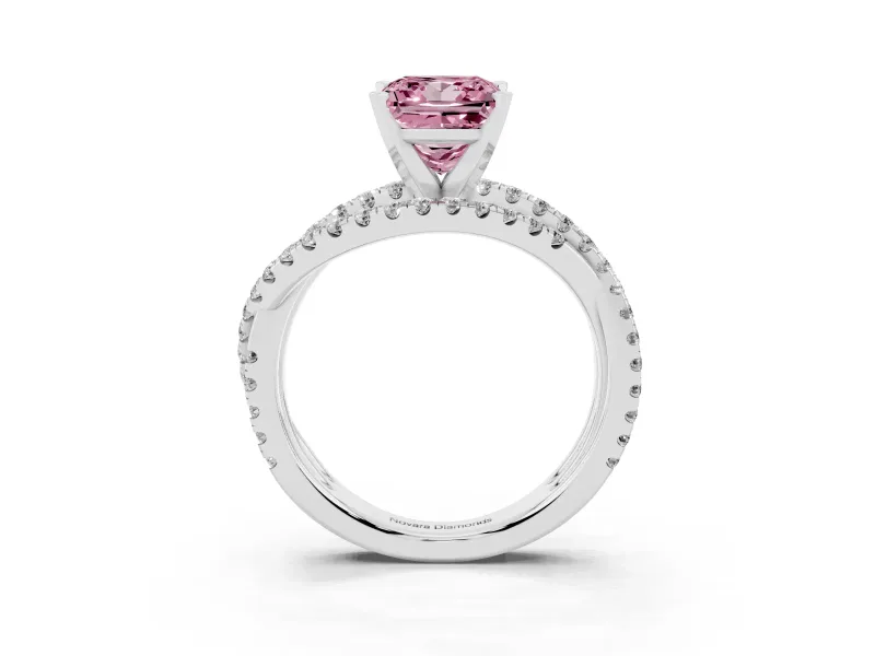 Fancy Pink Princess Cut Diamond Solitaire Twist Band Ring Set in Platinum with Pavé Setting and Prong Head