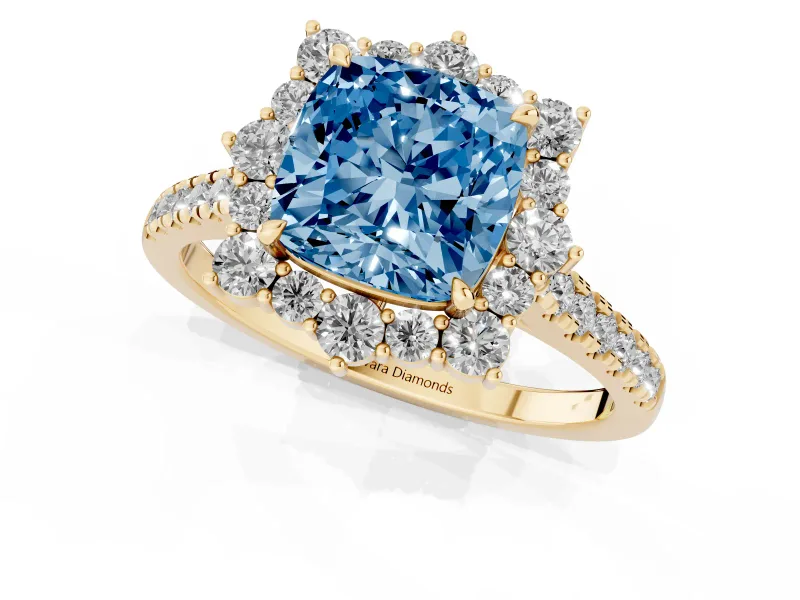 Cushion Cut Scalloped Halo Engagement Ring Setting for a Fancy Blue Lab-Grown Diamond | Single Row Pave | Yellow Gold