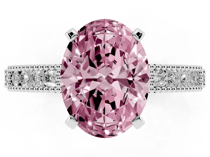 Fancy Pink Oval Cut Diamond Solitaire Ring Set in Silver with Slim Pavé Band and Prong Setting