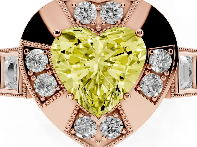 Fancy Yellow Heart Cut Diamond Milgrain Halo Ring Set in Rose gold with Split Shank