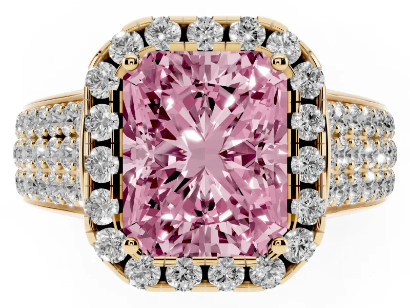 Radiant Cut Pavé Engagement Ring Setting for a Fancy Pink Lab-Grown Diamond | Wide Three-Row Band | Yellow Gold
