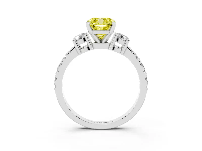 Fancy Yellow Three-Stone Cushion Cut Diamond Pavé Band Ring Set in Platinum with Prong Setting