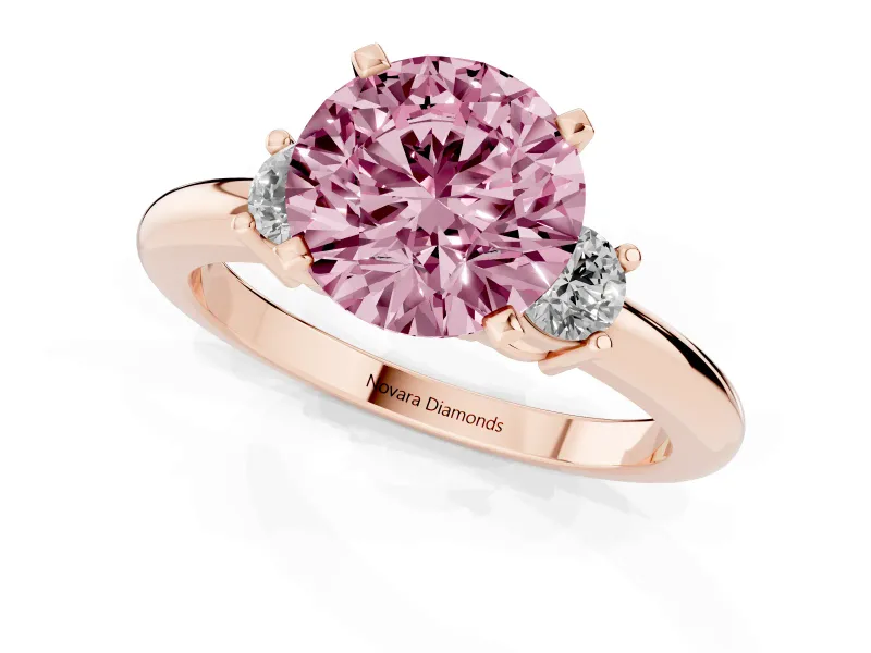 Round Three Stone Engagement Ring Setting for a Fancy Pink Lab-Grown Diamond | Round Side Stones | Rose Gold