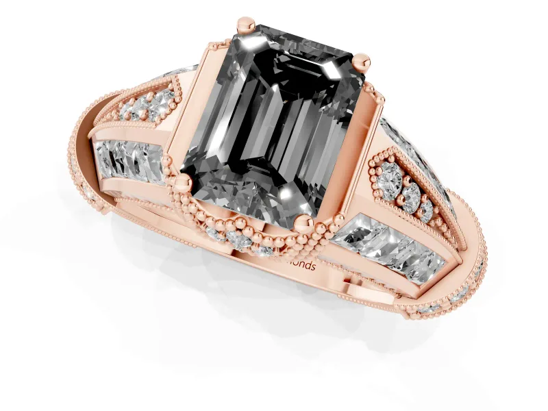Fancy Black Emerald Cut Diamond Vintage-Inspired Milgrain Ring Set in Rose gold with Accent Split Shank