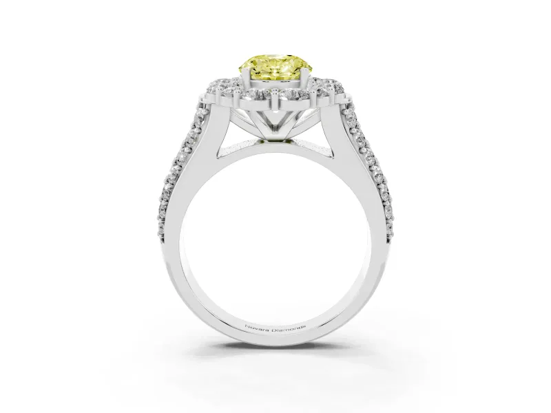 Fancy Yellow Oval Cut Diamond Halo Engagement Ring Set in Platinum with Split Shank and Prong Setting