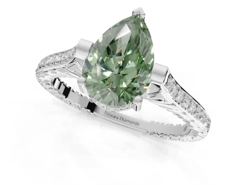 Pear-Shaped Vintage Cathedral Engagement Ring Setting for a Fancy Green Lab-Grown Diamond | Carved Band | White Gold