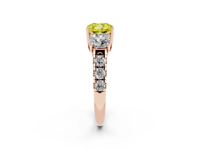 Cushion Cut Three Stone Engagement Ring Setting for a Fancy Yellow Lab-Grown Diamond | Accented Shoulders | Rose Gold