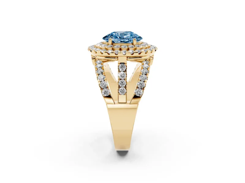 Oval Double Halo Split Shank Engagement Ring Setting for a Fancy Blue Lab-Grown Diamond | Pave Strands | Yellow Gold