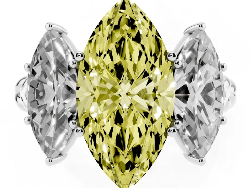 Fancy Yellow Marquise Cut Diamond Three-Stone Ring Set in White gold with Braided Band