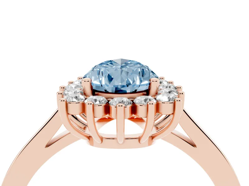 Fancy Blue Pear Cut Diamond Halo Ring Set in Rose gold with Round Halo and Smooth Solitaire Band