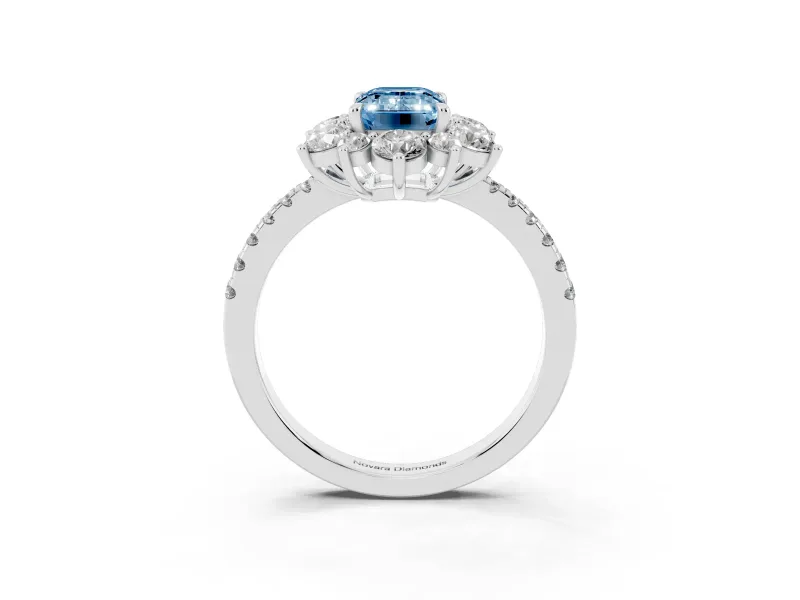 Fancy Blue Emerald Cut Diamond Floral Halo Ring Set in Platinum with Round Pavé Band and Prong Setting