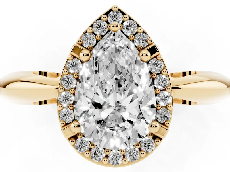 Pear Cut Diamond Halo Engagement Ring Set in Yellow gold with Plain Split Shank and Prong Setting