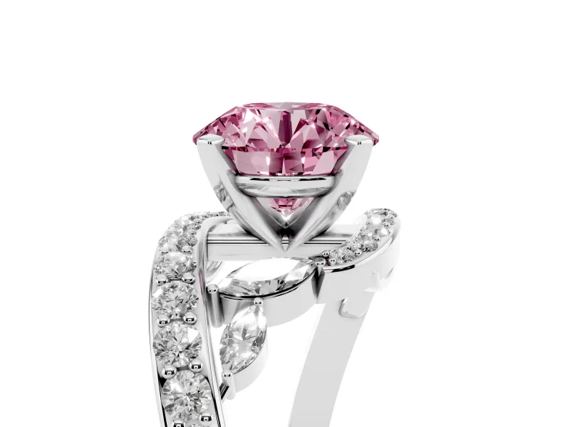 Fancy Pink Round Cut Diamond Solitaire Ring Set in Silver with Pavé Twist Band and Secure Prong Setting