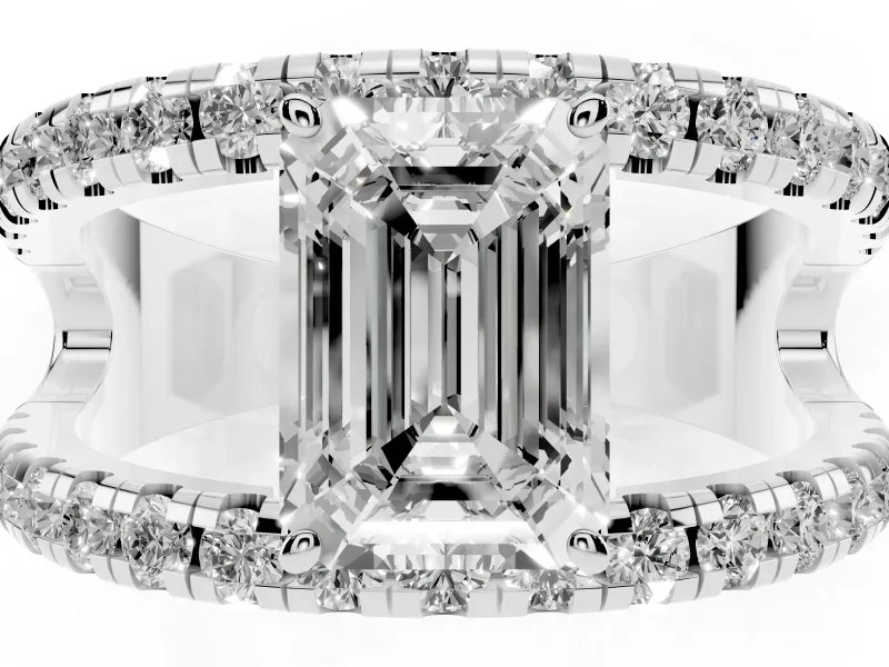 Emerald Cut Wide Open Split Shank Engagement Ring Setting | Pavé Strands | Platinum