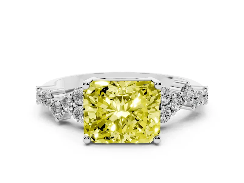 Fancy Yellow Radiant Cut Diamond Ring Set in Platinum with Scattered Round Accents