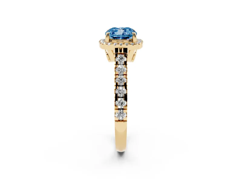 Cushion Cut Accented Halo Engagement Ring Setting for a Fancy Blue Lab-Grown Diamond | Yellow Gold