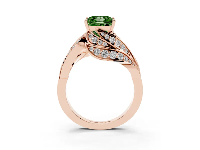 Fancy Green Princess Cut Diamond Solitaire Ring Set in Rose gold with Layered Twist Pavé Band