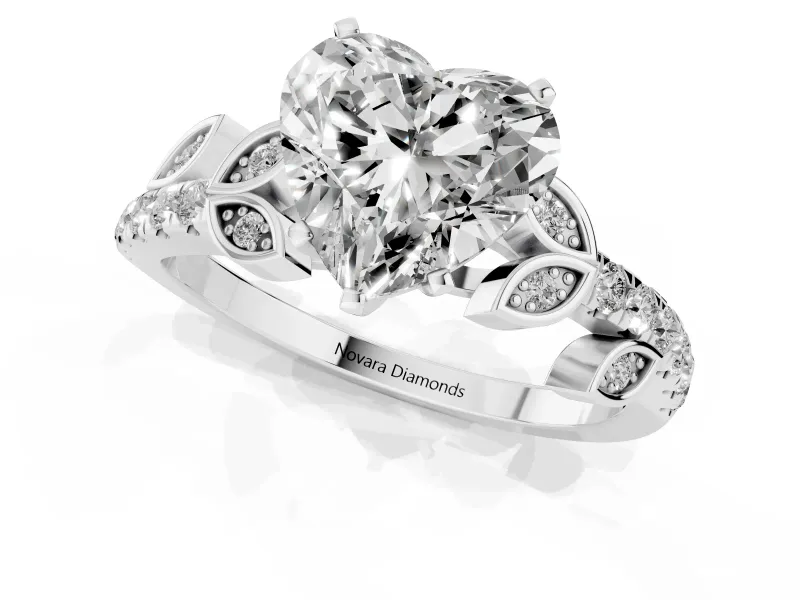 Heart-Shaped Leaf Pavé Engagement Ring Setting | Leaf Motif Shoulders | White Gold