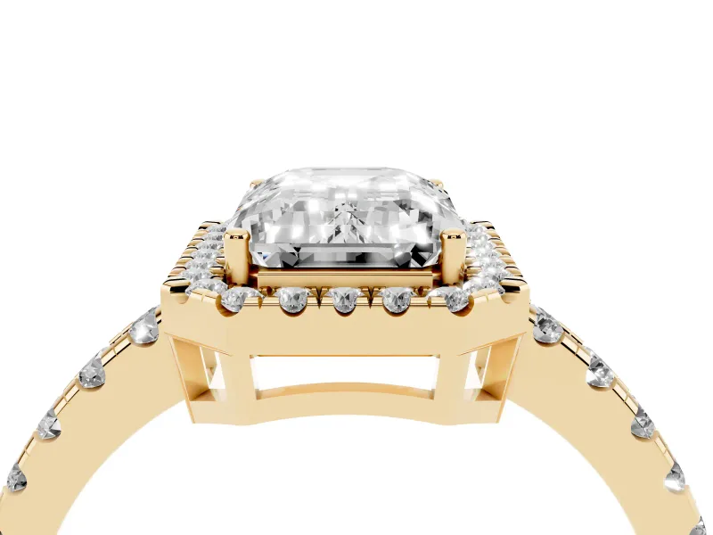 Emerald Cut Diamond Halo Ring Set in Yellow gold with Delicate Pavé Band and Prong Setting