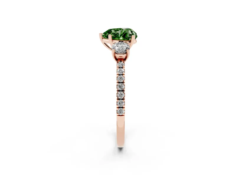 Fancy Green Heart Cut Diamond Three-Stone Ring Set in Rose gold with Pavé Band and Graduated Sides