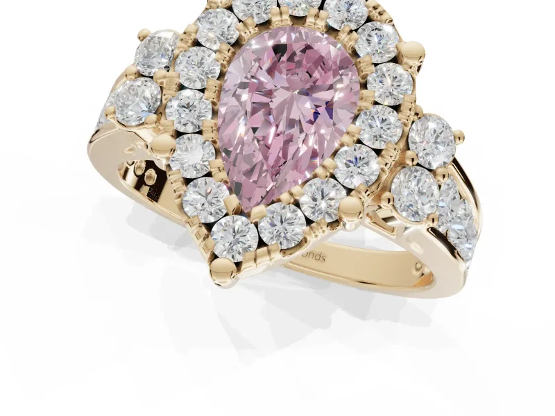 Pear-Shaped Halo Engagement Ring Setting for a Fancy Pink Lab-Grown Diamond | Graduated Channel Band | Yellow Gold