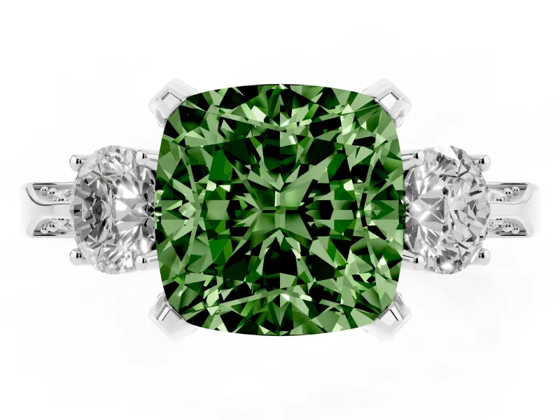 Cushion Cut Hidden Halo Three Stone Engagement Ring Setting for a Fancy Green Lab-Grown Diamond | Platinum