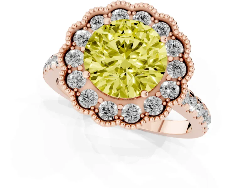 Round Vintage Milgrain Floral Halo Engagement Ring Setting for a Fancy Yellow Lab-Grown Diamond | Pavé Band | Rose Gold