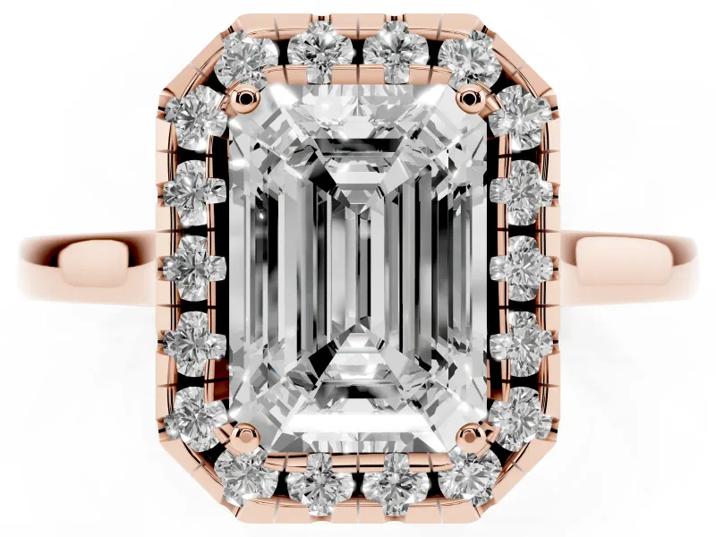 Emerald Cut Halo Round Diamond Solitaire Ring Set in Rose gold with Pavé Band and Prong Setting