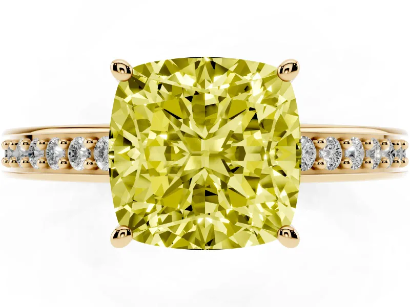 Cushion Cut Pave Solitaire Engagement Ring Setting for a Fancy Yellow Lab-Grown Diamond | Accented Basket | Yellow Gold