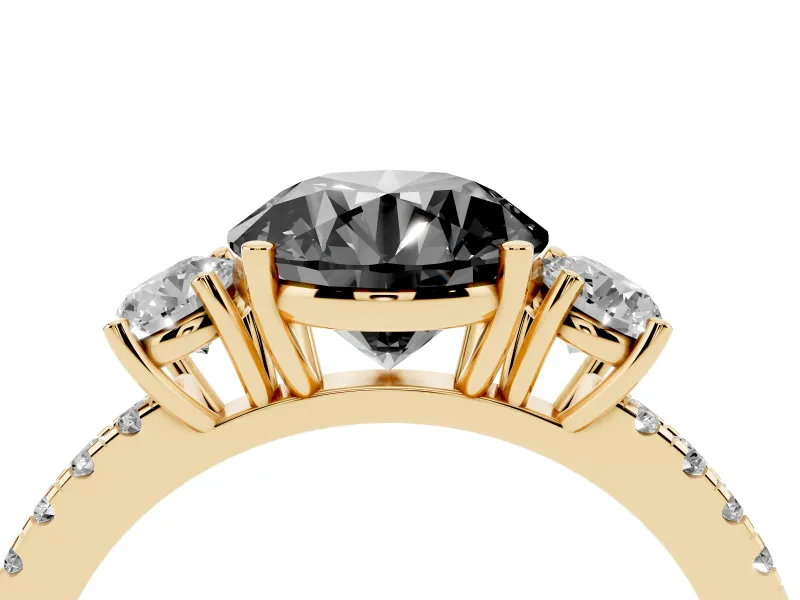 Round Three Stone Engagement Ring Setting for a Black Center | Pavé Shoulders | Yellow Gold