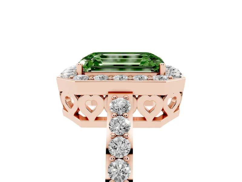 Fancy Green Emerald Cut Diamond Halo Ring Set in Rose gold with Pavé-Setting Band and Open Prong Center