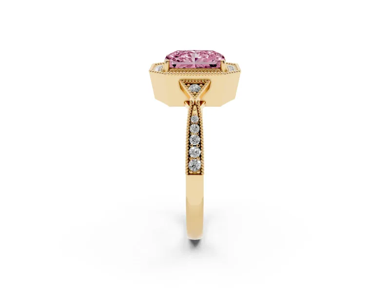 Fancy Pink Radiant Cut Diamond Halo Engagement Ring Set in Yellow gold with Milgrain Pavé Band