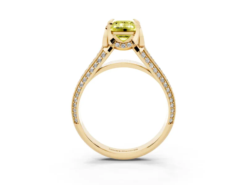 Fancy Yellow Emerald Cut Diamond Pavé Split Shank Solitaire Ring Set in Yellow gold with Prong Setting