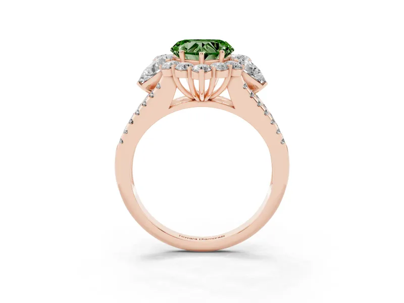 Fancy Green Heart Cut Diamond Halo Split Shank Engagement Ring Set in Rose gold with Prong-Held Center Stone