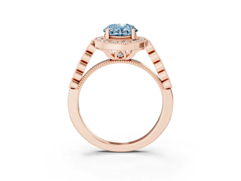 Oval Graduated Milgrain Halo Engagement Ring Setting for a Fancy Blue Lab-Grown Diamond | Rose Gold