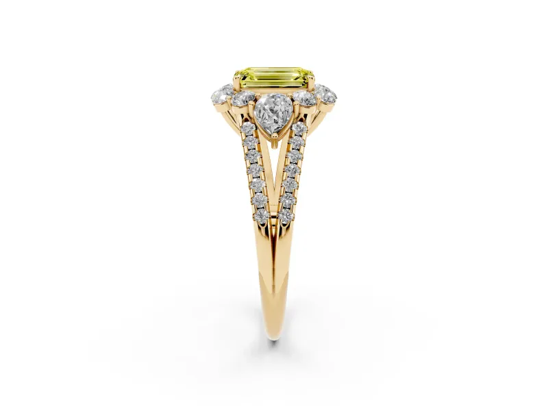 Fancy Yellow Emerald Cut Diamond Halo Split Shank Engagement Ring Set in Yellow gold with Prong-Held Center Stone