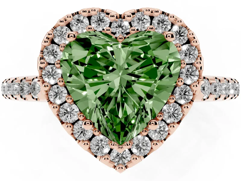 Heart-Shaped Pave Halo Engagement Ring Setting for a Fancy Green Lab-Grown Diamond | Pave Band | Rose Gold